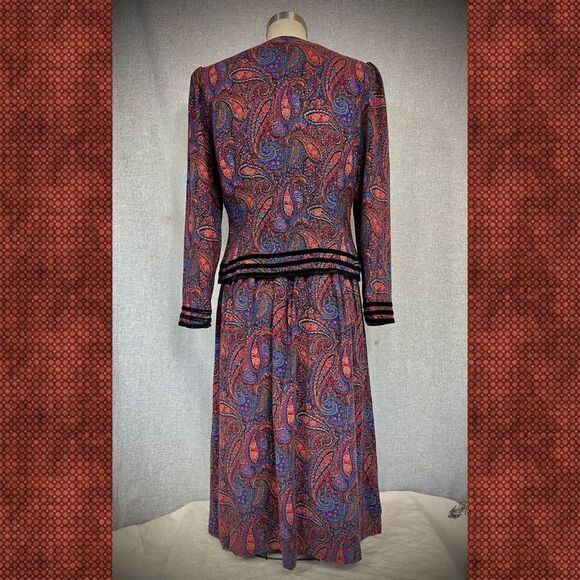 Vintage 1980s Kathie Lee Dress Paisley Dark Academia Purple Blue Sz S/M - Picture 4 of 9